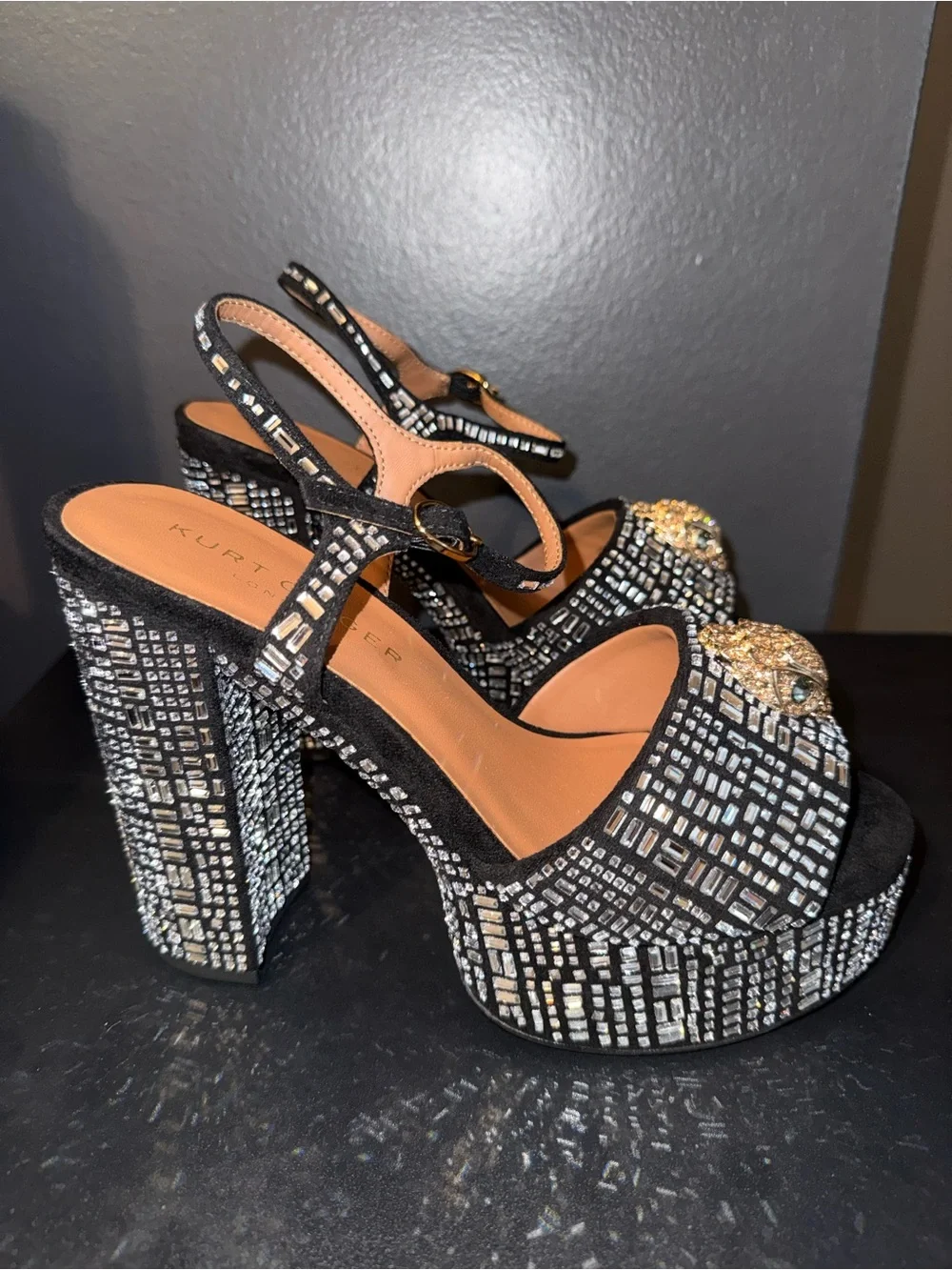 NWOT Kurt Geiger Kensington Platform Heels Black Crystal Eagle Sz 8.5/39